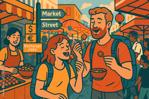 Two tourists enjoy street food at a vibrant market, with local food vendors, currency exchange signs, and colorful stalls in a bustling cultural scene.