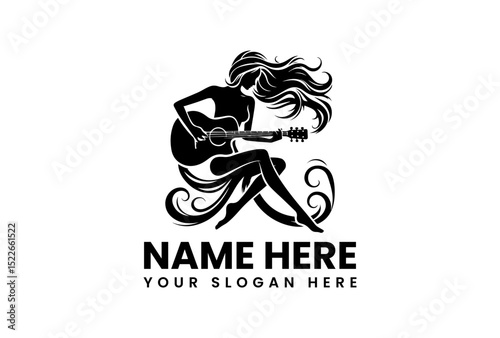 Graceful silhouette vector logo of female musician playing acoustic guitar with flowing hair  