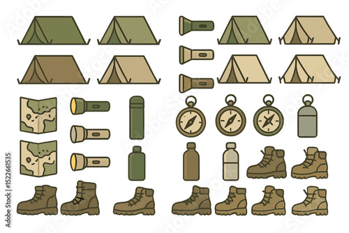 Flat camping gear icons including tents, compasses, and boots