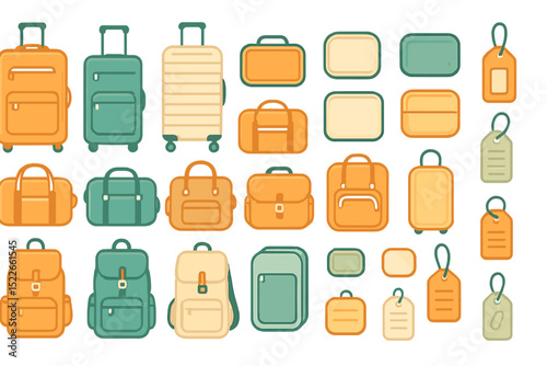 Flat style icon set of luggage, bags, and travel tags