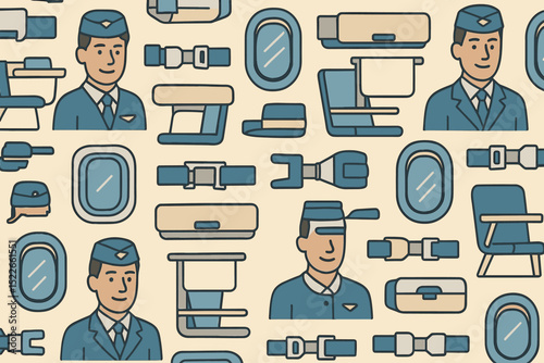 Air travel themed pattern with illustrations of flight attendants, aircraft features, and travel accessories