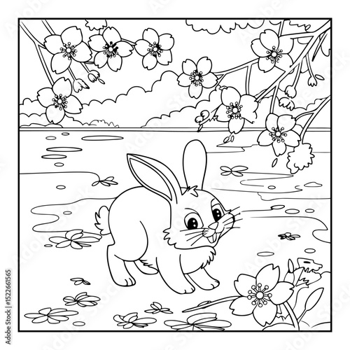 rabbit in a field with flowers cartoon illustration coloring books