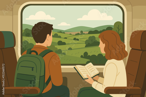 Two people enjoy a scenic train journey through green hills while one reads a book