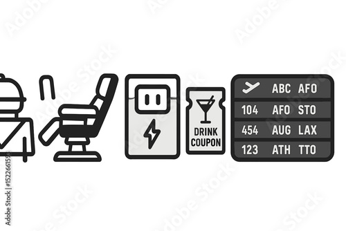 A set of in-flight service icons, including a food tray, reclining seat, power outlet, drink coupon, and flight schedule display.