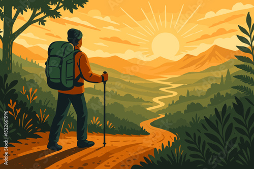 Hiker on forest path watching sunrise over mountain landscape