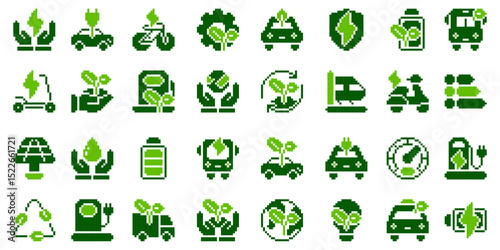 Ecology transport pixel icon set. Vector illustration
