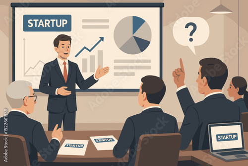 Startup founder presenting business metrics to investor panel