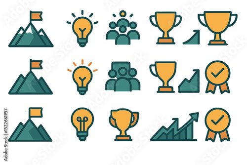Motivational icons set with light bulbs, trophies, and goal symbols