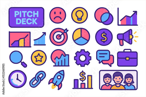 Colorful pitch deck icons with graphs, targets, team, and finance symbols