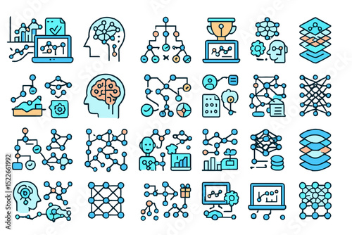 Visual representation of artificial intelligence concepts through colorful icons and illustrations in a modern layout