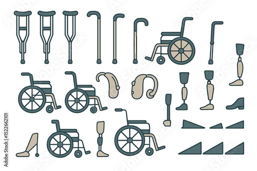 Collection of mobility aids featuring crutches, wheelchairs, prosthetics, and hearing devices in a simple design