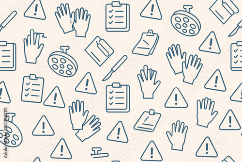 Line art pattern of surgical gloves, tools, and safety icons