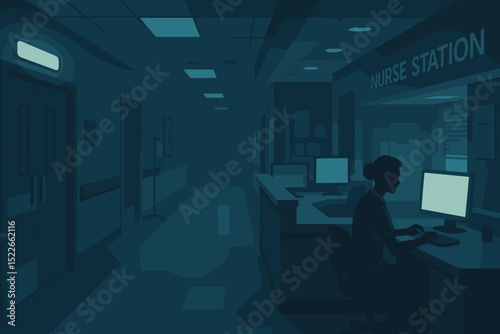 Nurse working overnight at hospital station in quiet hallway