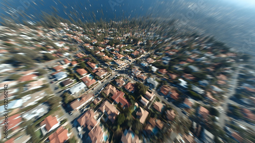 Aerial view of a residential neighborhood with houses and roads from a drone perspective