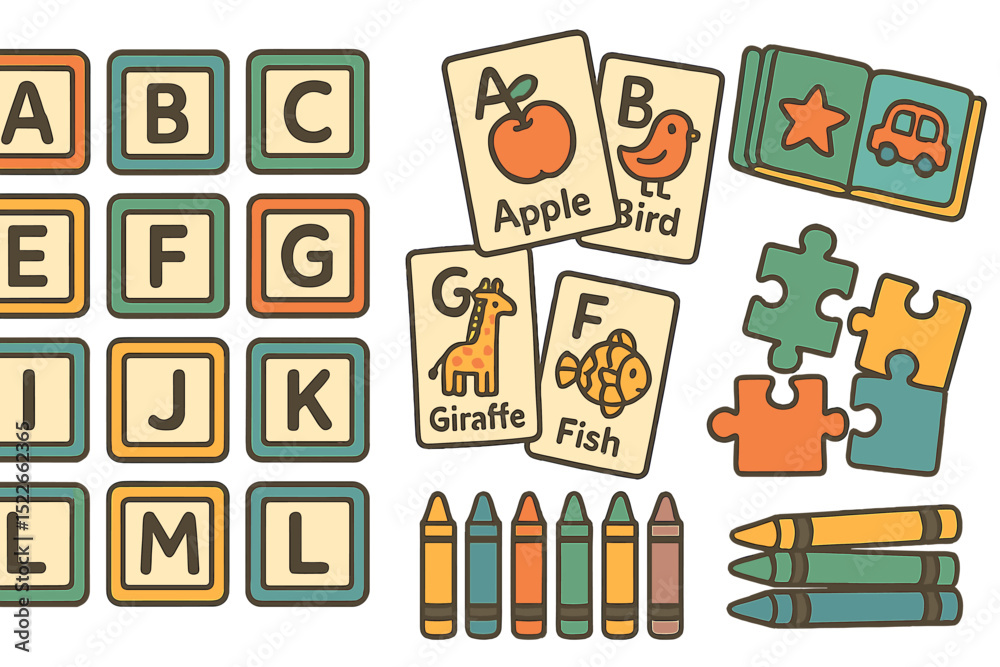 Colorful preschool icons with alphabet blocks, flashcards, and crayons Colorful preschool icons with alphabet blocks, flashcards, and crayons