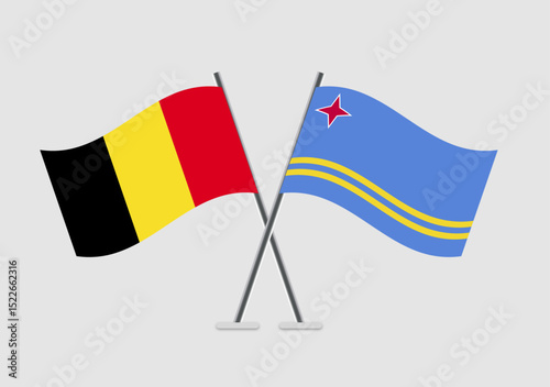 Belgium and Aruba vector flags with realistic waving appearance