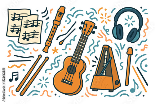 Musical instruments and notes create a vibrant atmosphere filled with creativity and rhythm in a colorful design