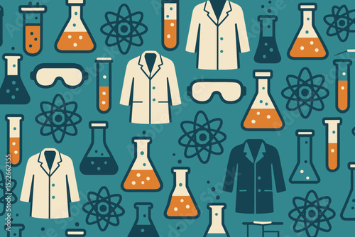 Colorful science lab pattern featuring lab coats, beakers, and atoms over a teal background