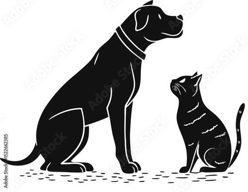 A black silhouette of a dog with a collar sitting next to a striped cat looking upwards together