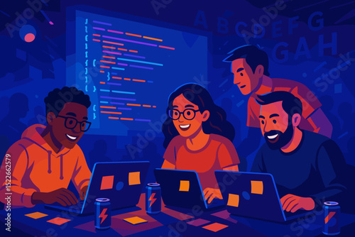 Group of young adults collaborating on coding projects in a dimly lit tech space during a hackathon event