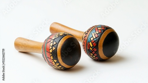 Two wooden maracas with colorful geometric patterns on a white background, showcasing light brown handles and dark-colored spherical bodies