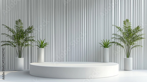 Minimalist White Podium with Plants, Perfect for Product Presentation or Display