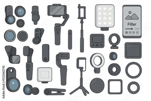 Flat lay of mobile video gear including gimbals, lights, lenses, and apps