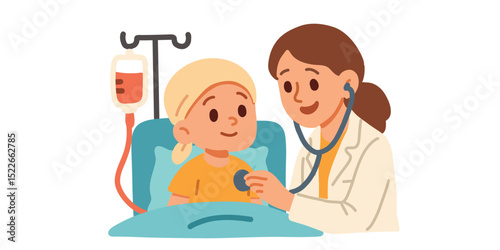 doctor comforting a little patient,  care and support in an oncology clinic