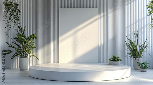 Minimalist White Studio with Plants and Podium, Perfect for Product Display or Presentation