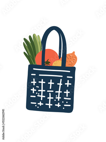  eco bag with groceries from store, shopper bag with fruits and vegetables