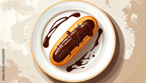 Delicious chocolate eclair dessert beautifully presented on a plate, perfect for enticing food photography.