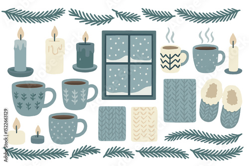 Cozy winter afternoon with candles, hot beverages, and soft textiles displayed on a warm background