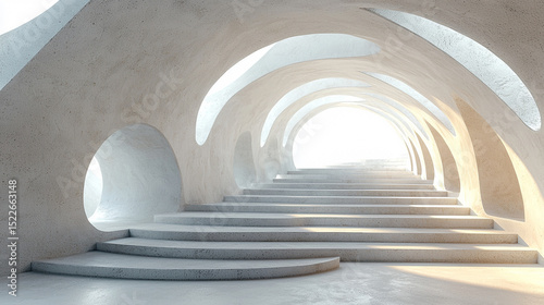 Abstract architectural design of a tunnel with stairs leading towards sunlight