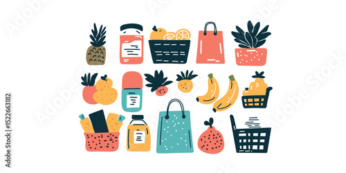 colorful food product set,  food variety in vector illustration