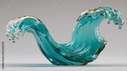 Realistic 3D Render of a Glass Wave on a Solid Background in Turquoise Color