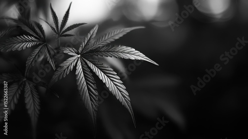 Hemp Black And White. Isolated Green Marijuana Leaf on Black and White Backgrounds