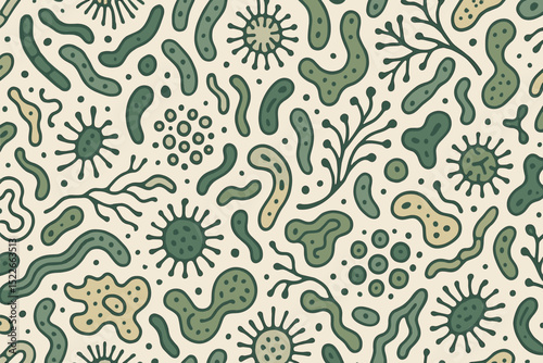 Patterns of microscopic organisms illustrated in various shapes and sizes on a light background
