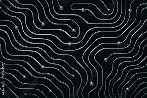 Metallic wave patterns with spheres on a dark background creating a modern abstract design