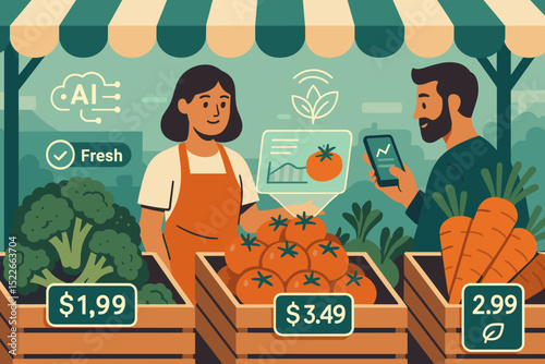 Fresh produce market with a vendor and a customer using technology to check prices and availability