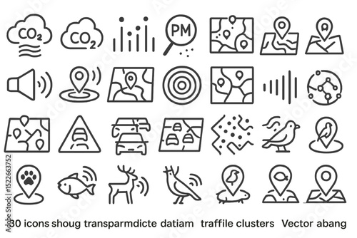 Collection of transportation and environmental icons representing traffic, emissions, and location data analysis