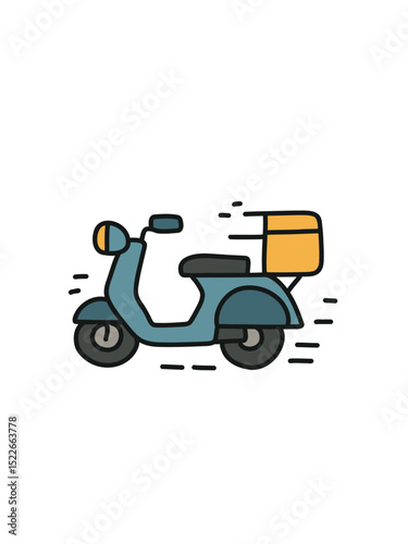  scooter delivers food box, vector scene of fast delivery