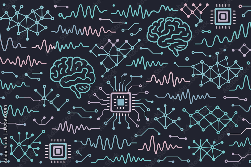 Fototapeta premium Complex patterns showcasing artificial intelligence concepts with circuits and brain illustrations on a dark background