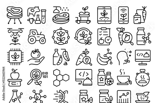 Graphic collection of agricultural, food, and technology elements representing sustainable practices and innovations in farming