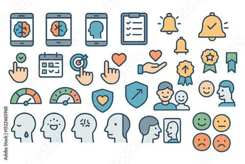 Collection of icons representing mental health, wellness activities, and user engagement metrics for digital applications