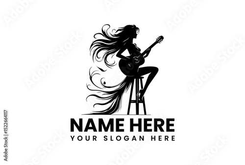 Elegant female guitarist silhouette logo with flowing hair and acoustic guitar vector  