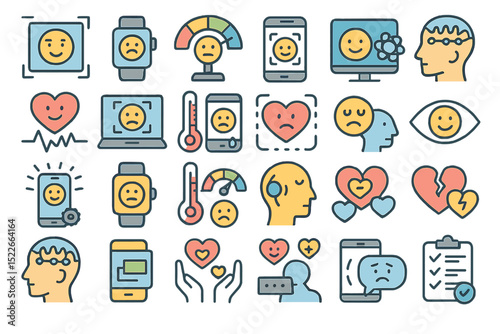 Icons illustrating emotions and technology use, highlighting mental health awareness and well-being strategies in modern life