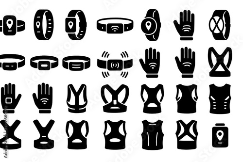 Collection of wearable fitness devices and tracking technology designs displayed in black silhouette style