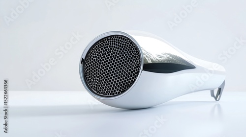 Sleek, white, chrome-accented hairdryer with a perforated circular air intake, rests on a minimalist white surface, casting a subtle reflection