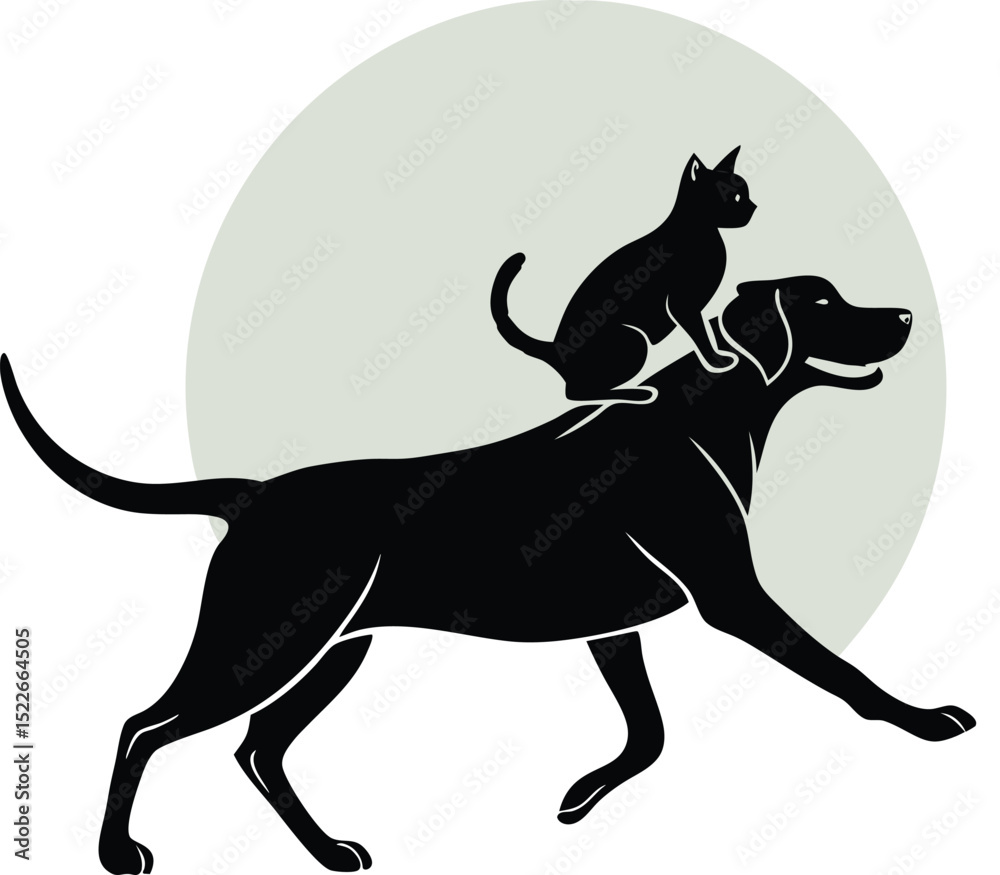 Fototapeta premium A black silhouette of a dog running with a cat riding on its back against a gray circular background