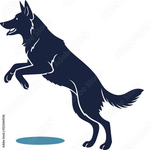 Illustration of a dark blue german shepherd dog leaping with a blue circle on a white background